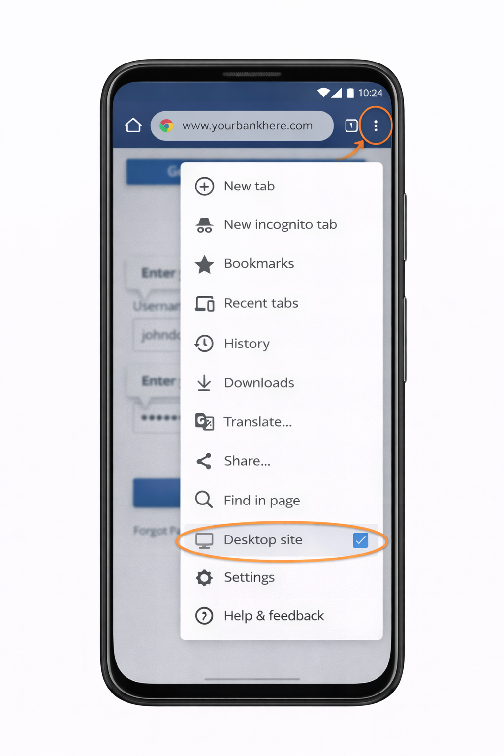 Step 2: Chrome menu showing Desktop site option on Android