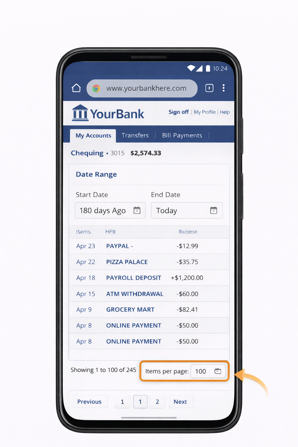 Step 5: Items per page set to maximum (e.g., 100)