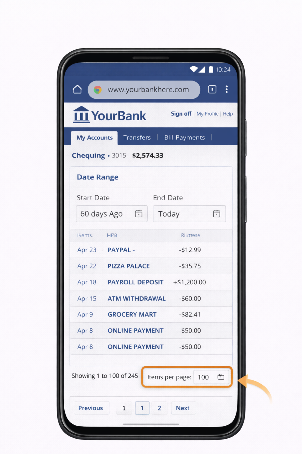 Step 5: Items per page set to maximum (e.g., 100)