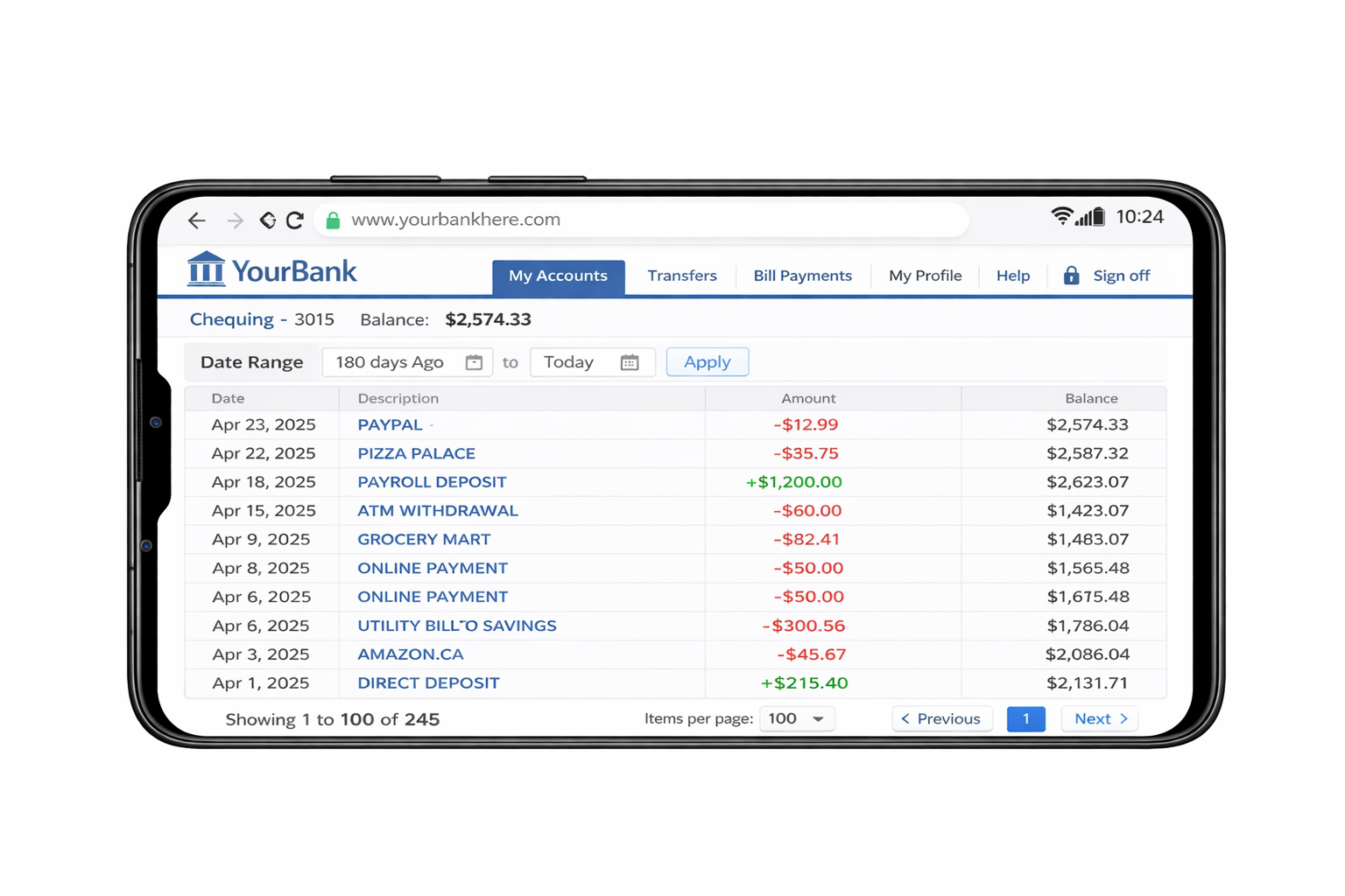 Android phone in landscape mode showing full transaction table
